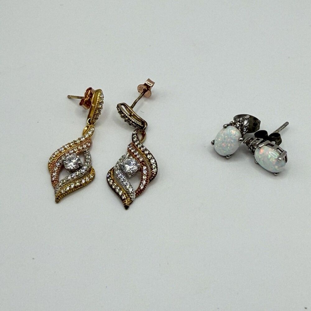 Lot of 2 Pairs Sterling Silver Opal & Vermeil CZ Earrings 925 Marked